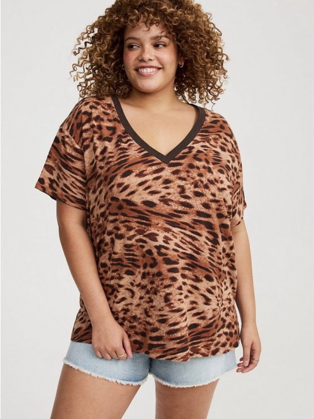 torrid Brown Leopard Print V-Neck Short Sleeve Top